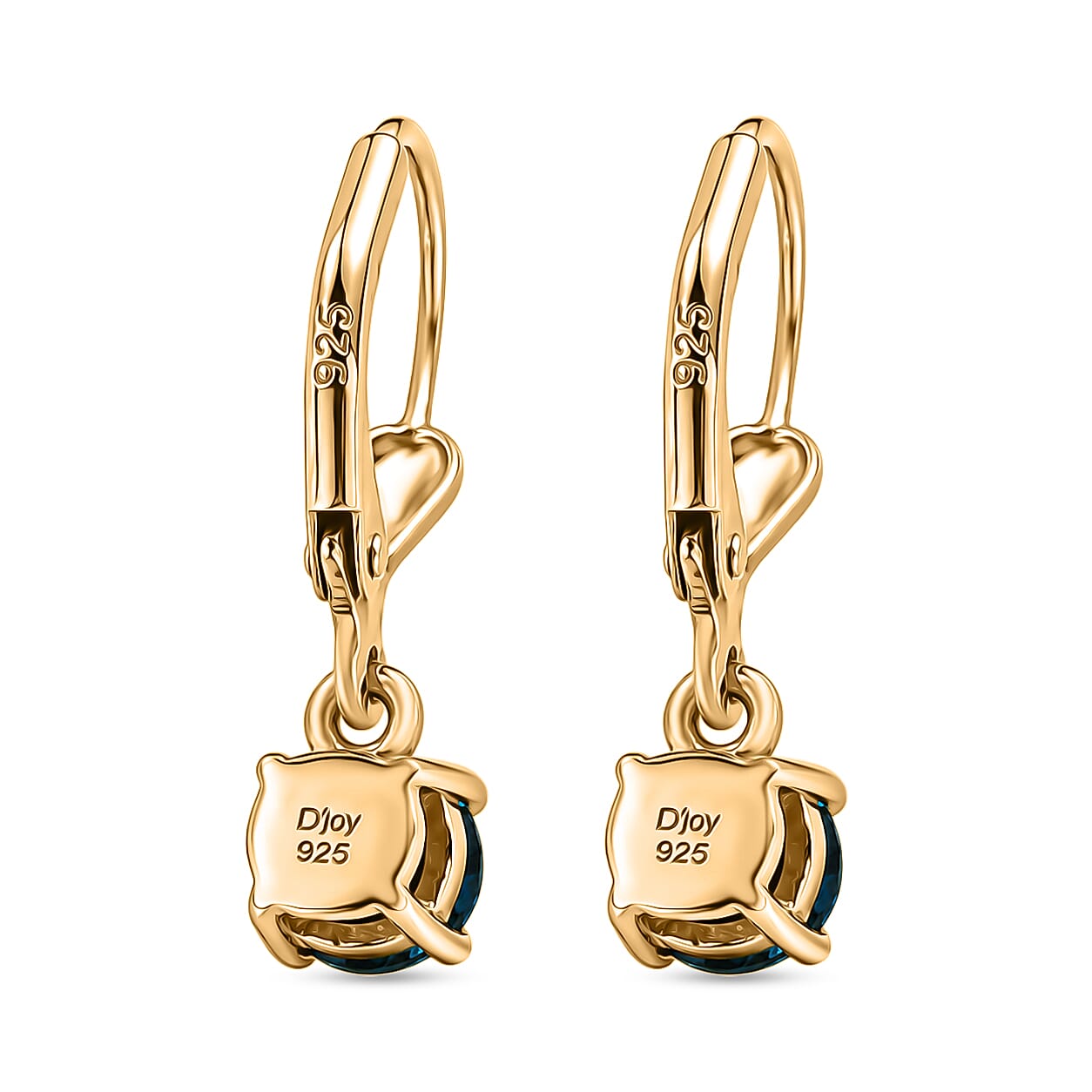 Royal Bali Collection - D'Joy London Blue Topaz Solitaire Stud Earring with Lever Back in 18K Vermeil Yellow Gold Plated Sterling Silver 1.18 Ct.