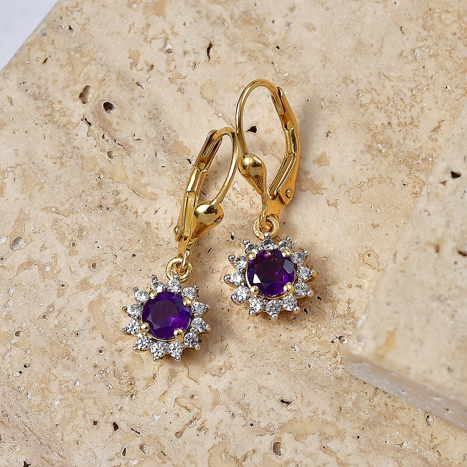 Royal Bali Collection - D'Joy African Amethyst & White Zircon Earring with Lever Back in 18K Vermeil Yellow Gold Plated Sterling Silver  1.52 Ct.
