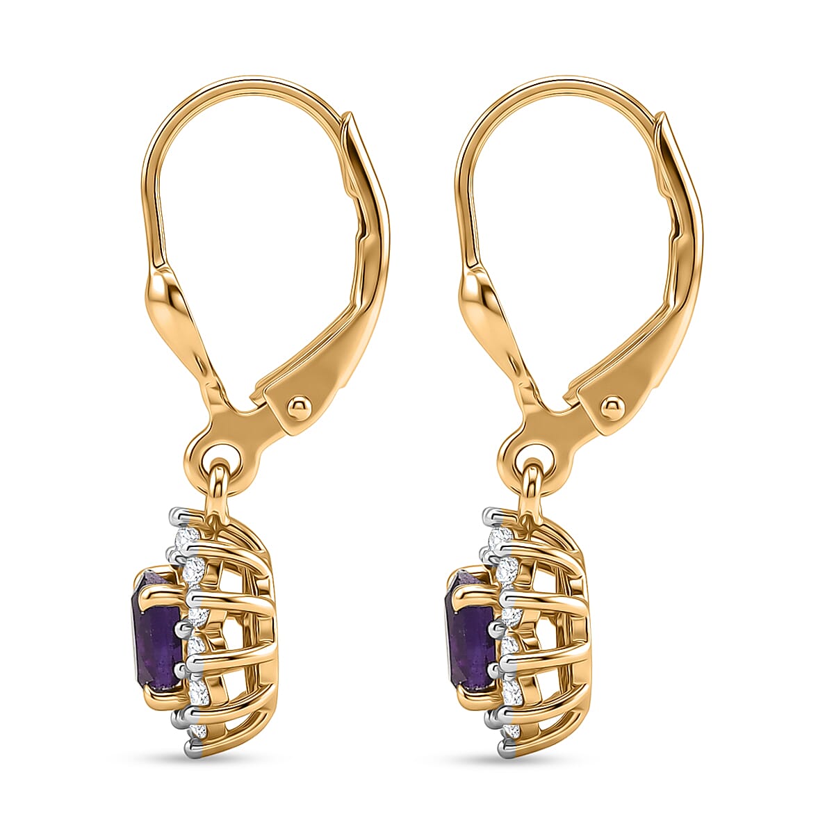 Royal Bali Collection - D'Joy African Amethyst & White Zircon Earring with Lever Back in 18K Vermeil Yellow Gold Plated Sterling Silver  1.52 Ct.