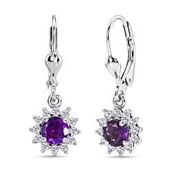 Royal Bali Collection - D'Joy Red Garnet & White Zircon Earring with Lever Back in Rhodium Overlay Sterling Silver 1.86 Ct.