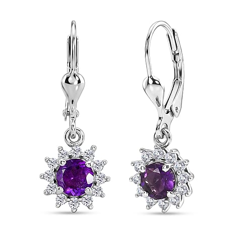Royal Bali Collection - D'Joy African Amethyst & White Zircon Earring with Lever Back in Rhodium Overlay Sterling Silver 1.52 Ct.