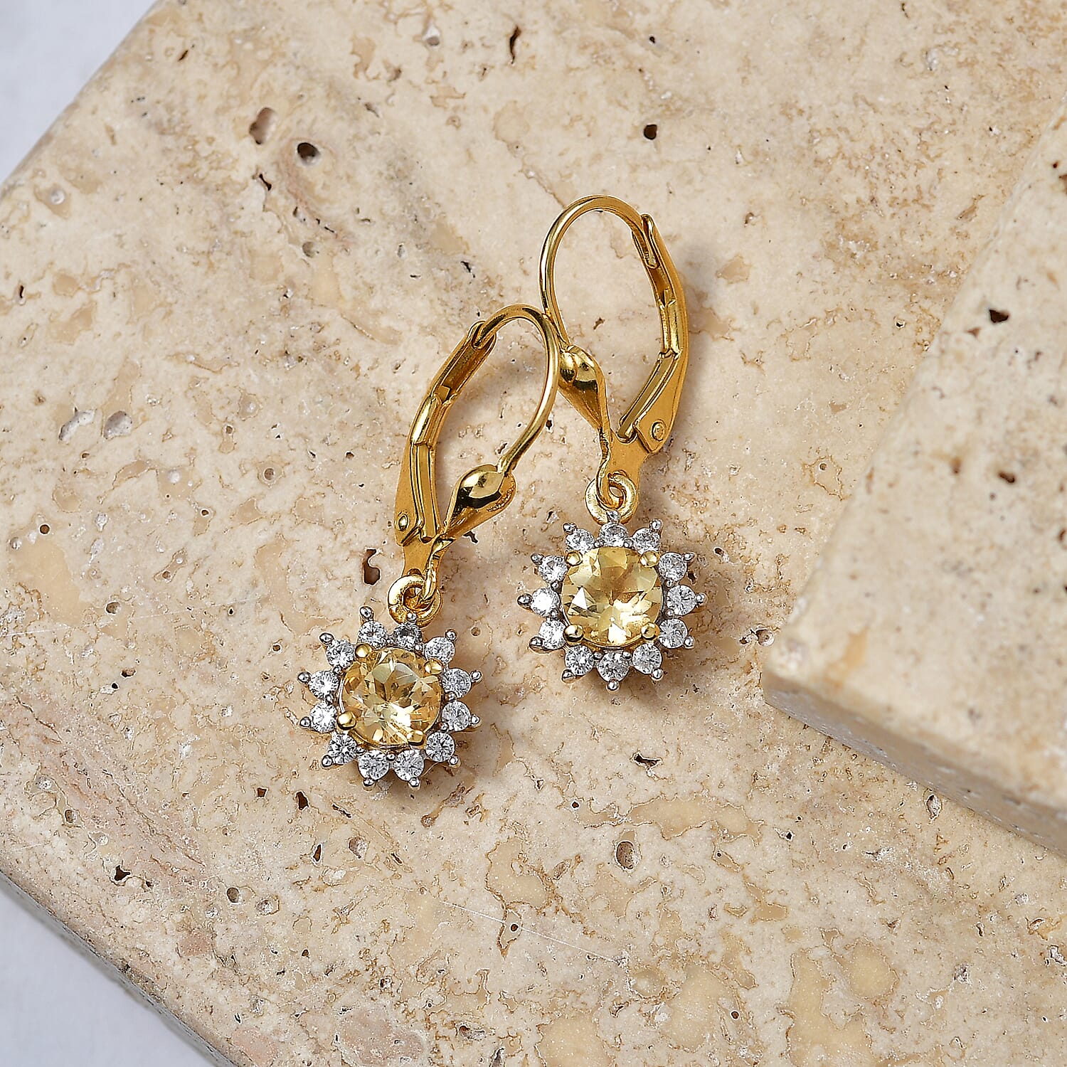 Royal Bali Collection - D'Joy Citrine & White Zircon Earring with Lever Back in 18K Vermeil Yellow Gold Plated Sterling Silver 1.44 Ct.