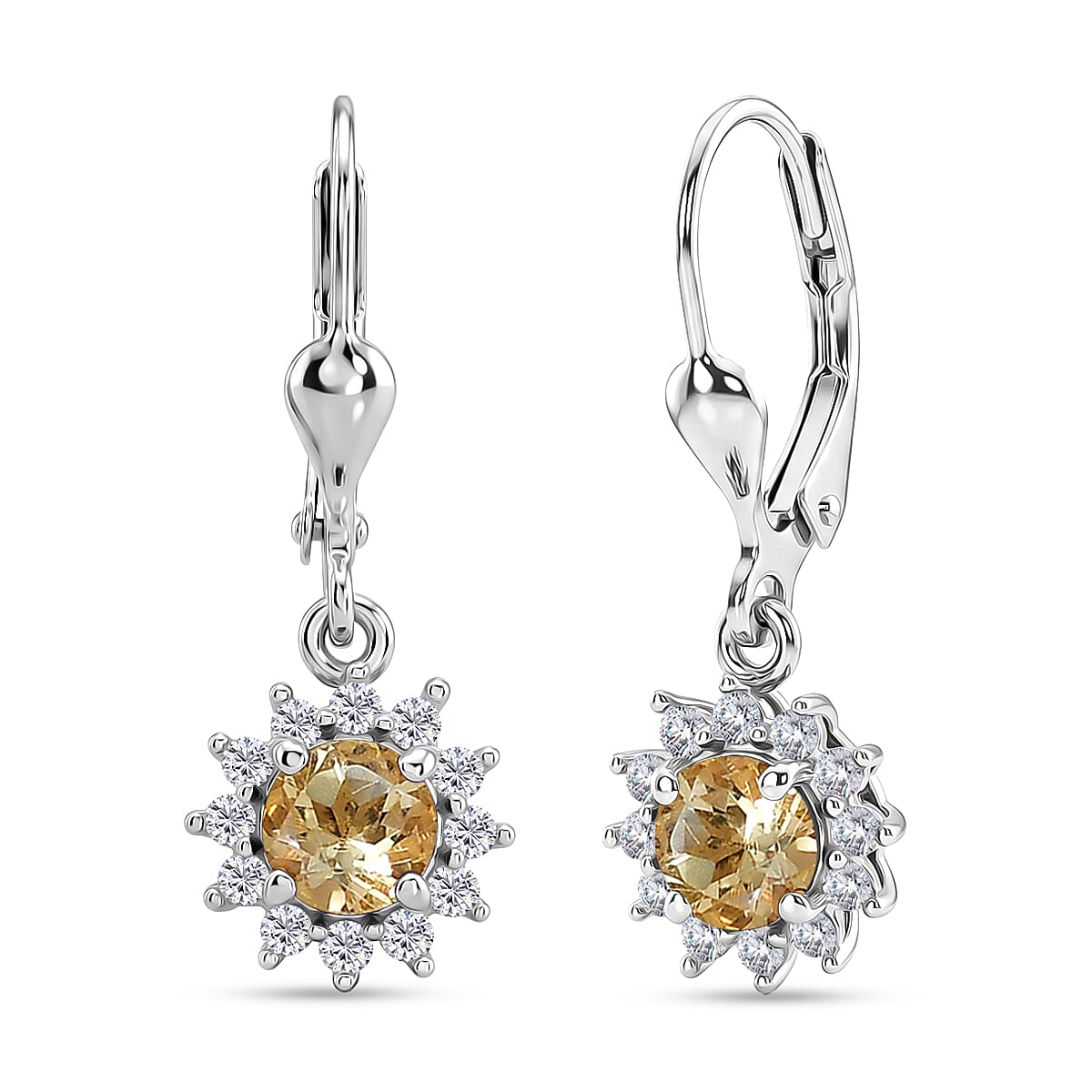 Royal Bali Collection - D'Joy Citrine & White Zircon Earring with Lever Back in Rhodium Overlay Sterling Silver 1.44 Ct.