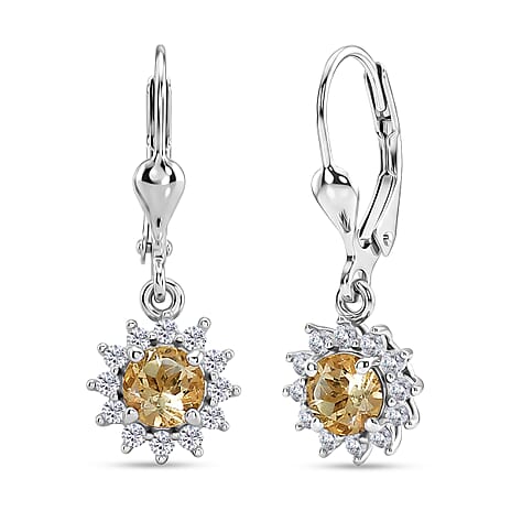 Royal Bali Collection - D'Joy Citrine & White Zircon Earring with Lever Back in Rhodium Overlay Sterling Silver 1.44 Ct.