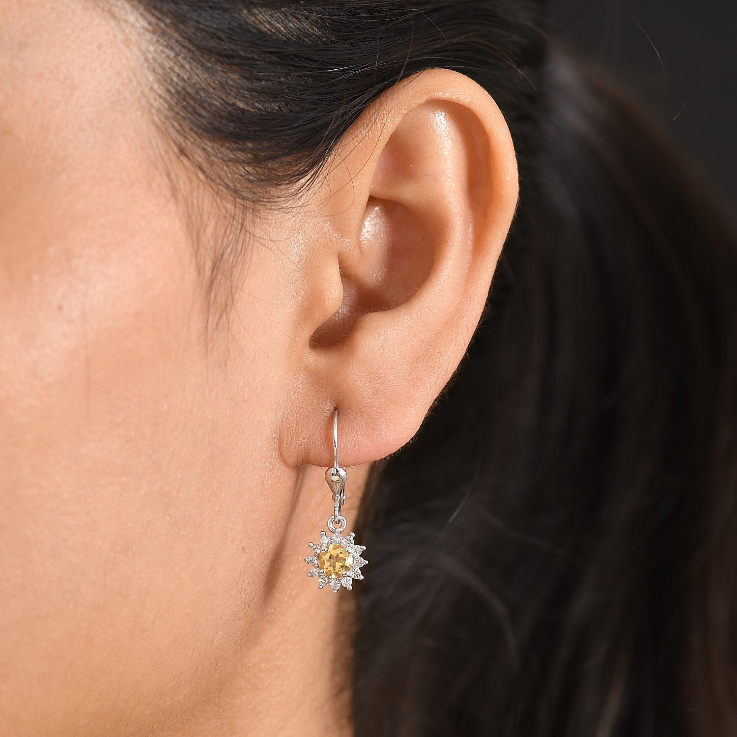 Royal Bali Collection - D'Joy Citrine & White Zircon Earring with Lever Back in Rhodium Overlay Sterling Silver 1.44 Ct.