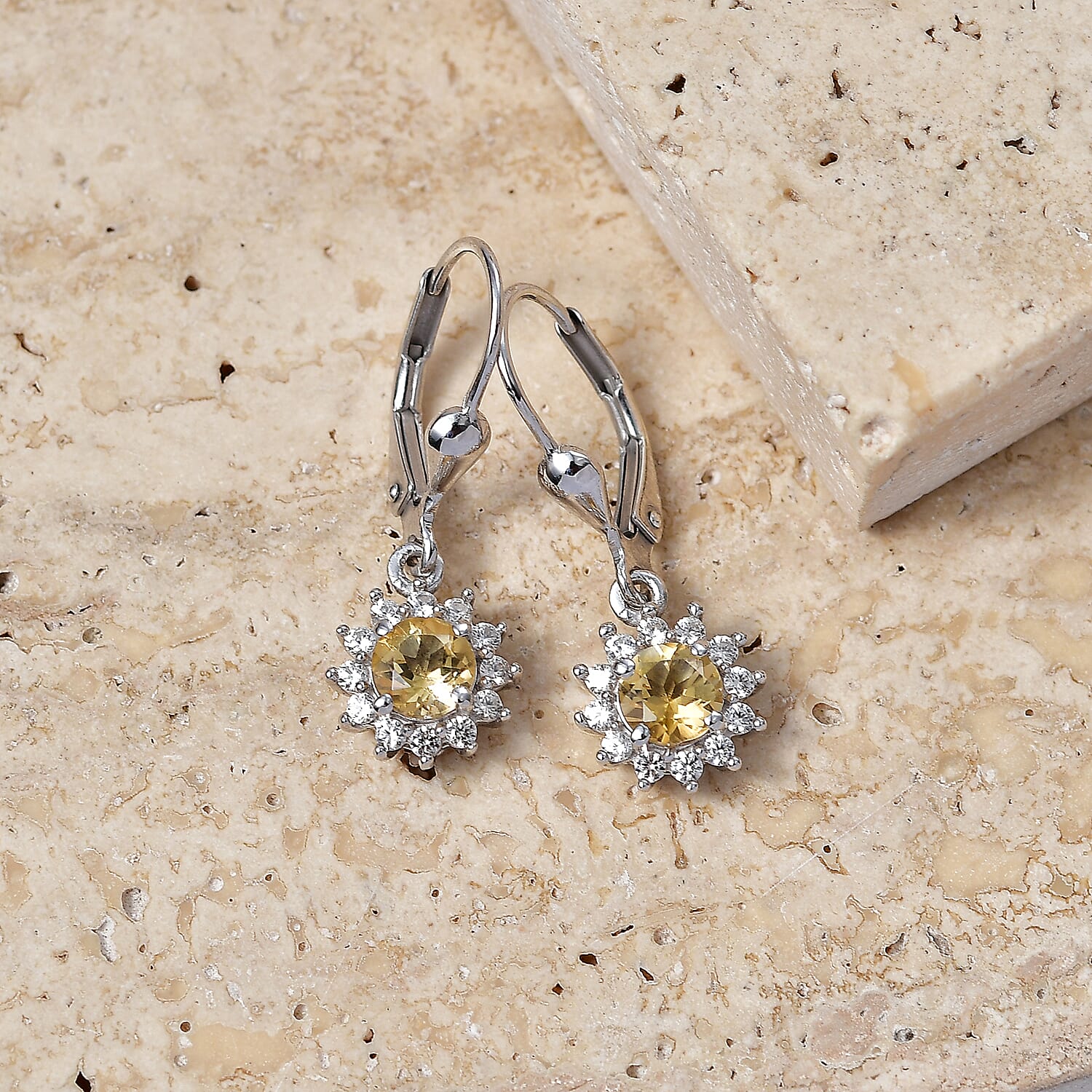 Royal Bali Collection - D'Joy Citrine & White Zircon Earring with Lever Back in Rhodium Overlay Sterling Silver 1.44 Ct.