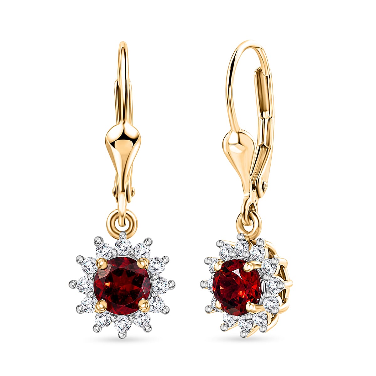 Royal Bali Collection - D'Joy Red Garnet & White Zircon Earring with Lever Back in 18K Vermeil Yellow Gold Plated Sterling Silver 1.86 Ct.