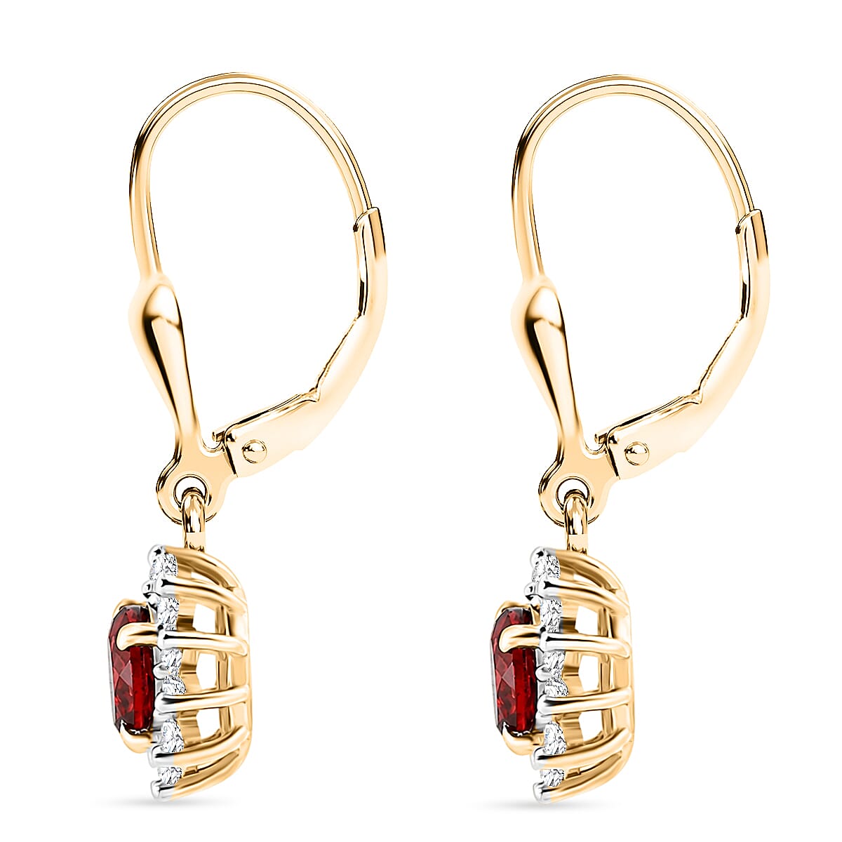 Royal Bali Collection - D'Joy Red Garnet & White Zircon Earring with Lever Back in 18K Vermeil Yellow Gold Plated Sterling Silver 1.86 Ct.