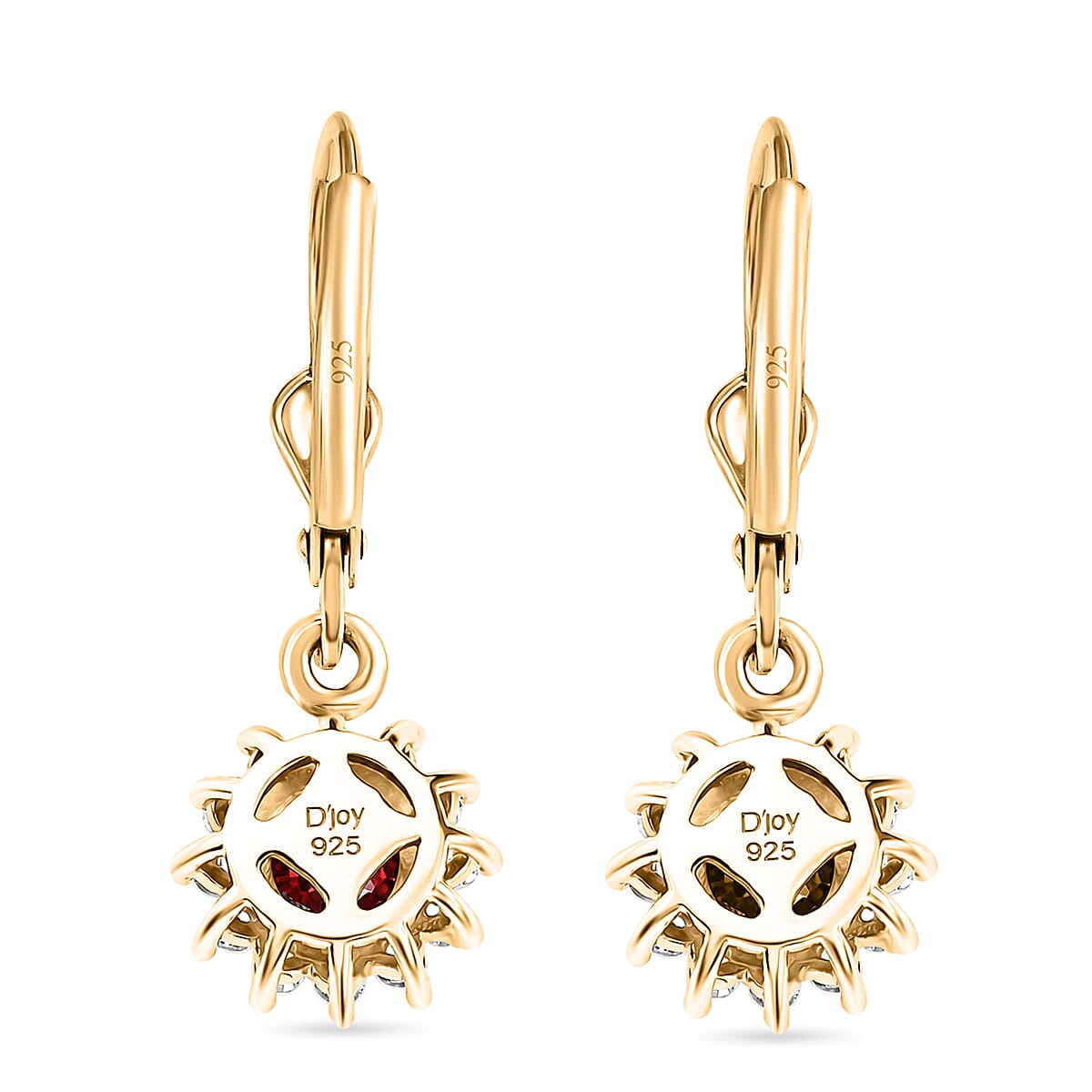 Royal Bali Collection - D'Joy Red Garnet & White Zircon Earring with Lever Back in 18K Vermeil Yellow Gold Plated Sterling Silver 1.86 Ct.