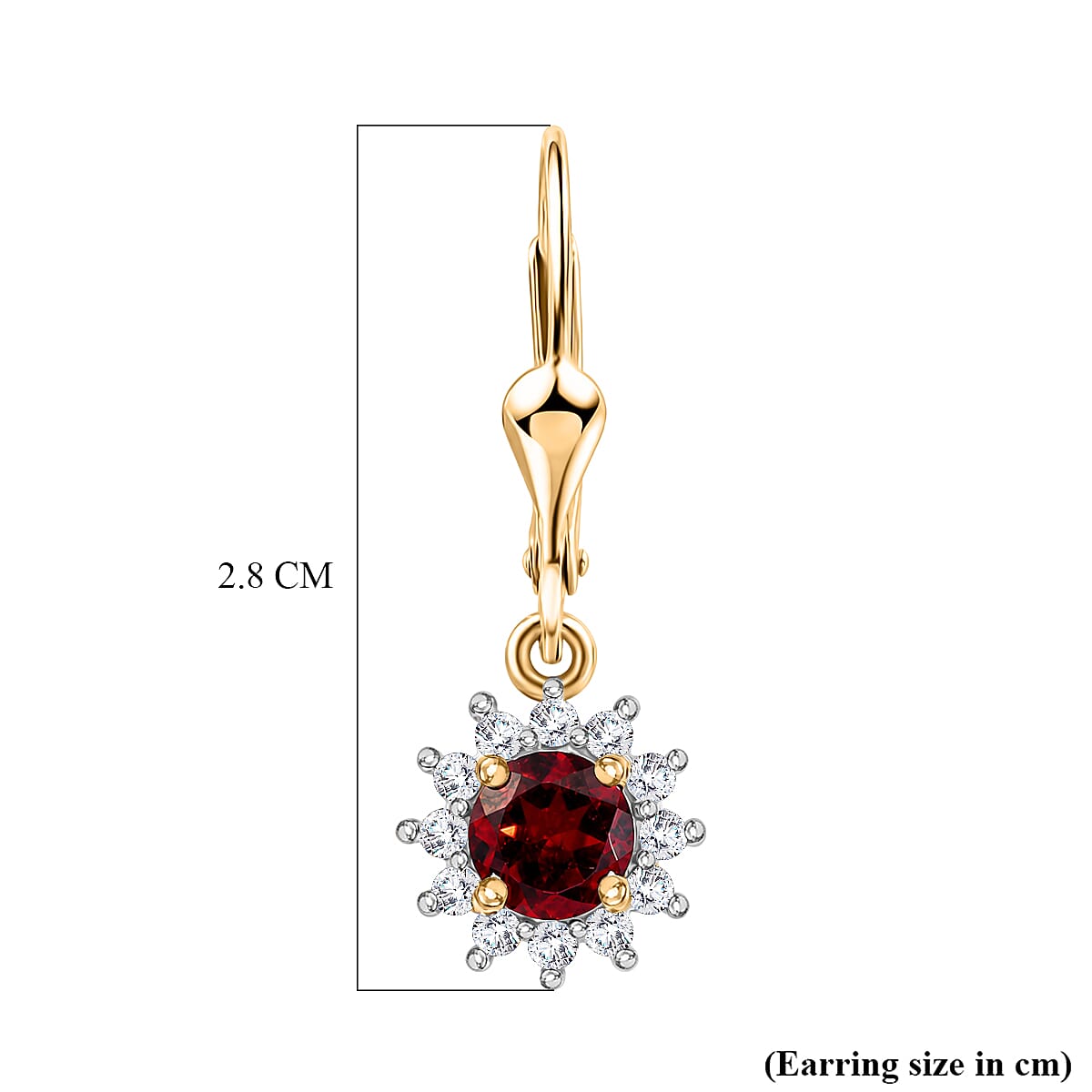 Royal Bali Collection - D'Joy Red Garnet & White Zircon Earring with Lever Back in 18K Vermeil Yellow Gold Plated Sterling Silver 1.86 Ct.