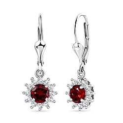 Royal Bali Collection - D'Joy Red Garnet & White Zircon Earring with Lever Back in Rhodium Overlay Sterling Silver 1.86 Ct.