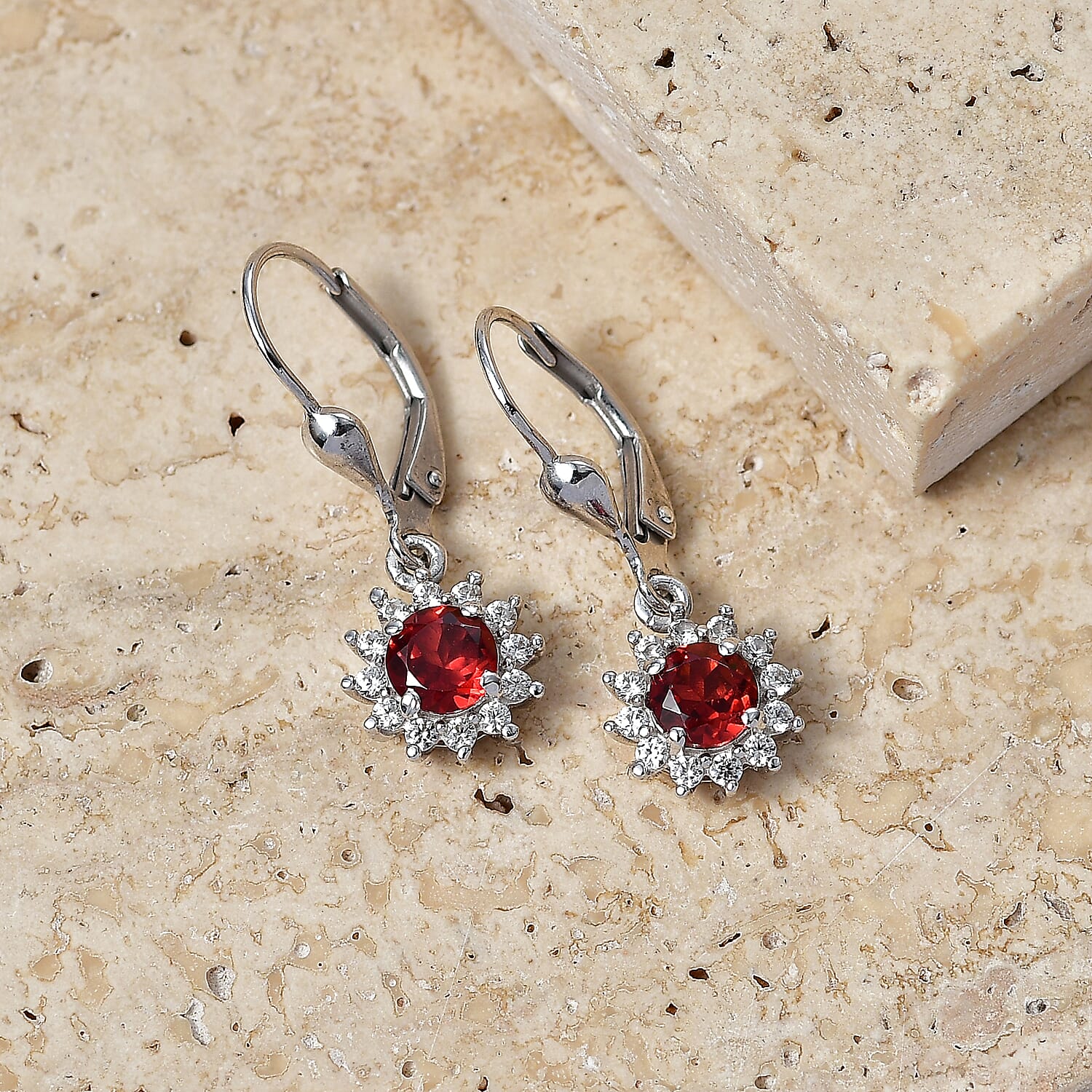 Royal Bali Collection - D'Joy Red Garnet & White Zircon Earring with Lever Back in Rhodium Overlay Sterling Silver 1.86 Ct.