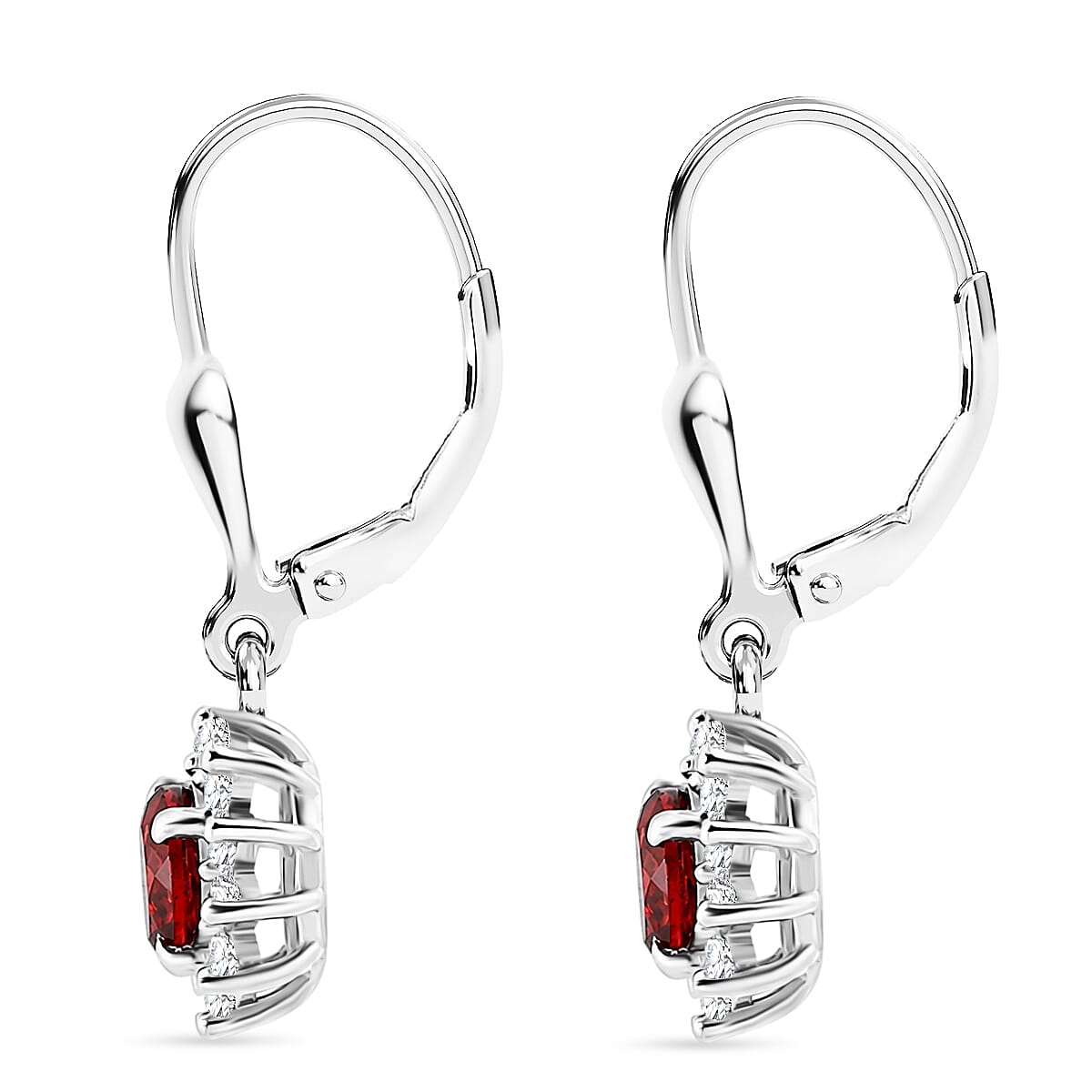 Royal Bali Collection - D'Joy Red Garnet & White Zircon Earring with Lever Back in Rhodium Overlay Sterling Silver 1.86 Ct.