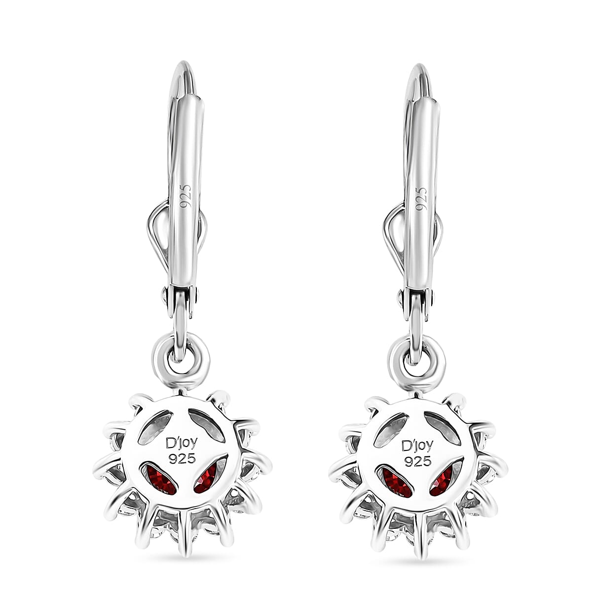 Royal Bali Collection - D'Joy Red Garnet & White Zircon Earring with Lever Back in Rhodium Overlay Sterling Silver 1.86 Ct.