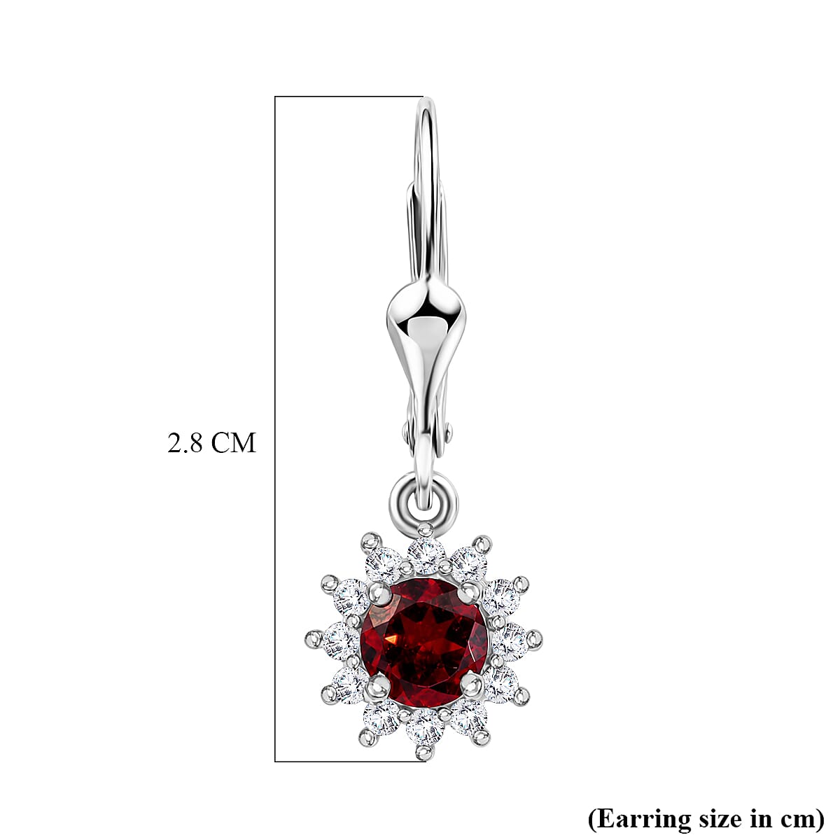 Royal Bali Collection - D'Joy Red Garnet & White Zircon Earring with Lever Back in Rhodium Overlay Sterling Silver 1.86 Ct.