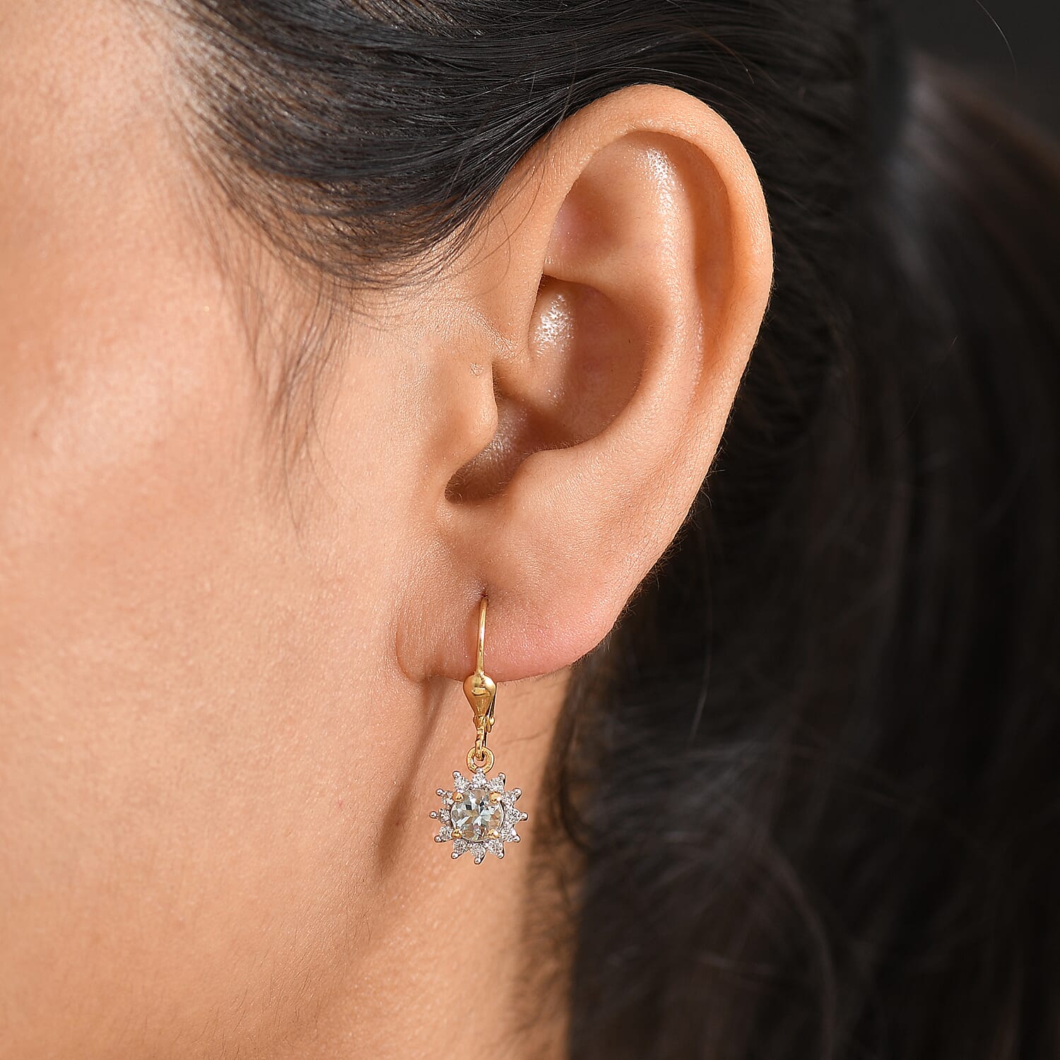 Royal Bali Collection - D'Joy Aquamarine & White Zircon Earring with Lever Back in 18K Vermeil Yellow Gold Plated Sterling Silver 1.50 Ct.