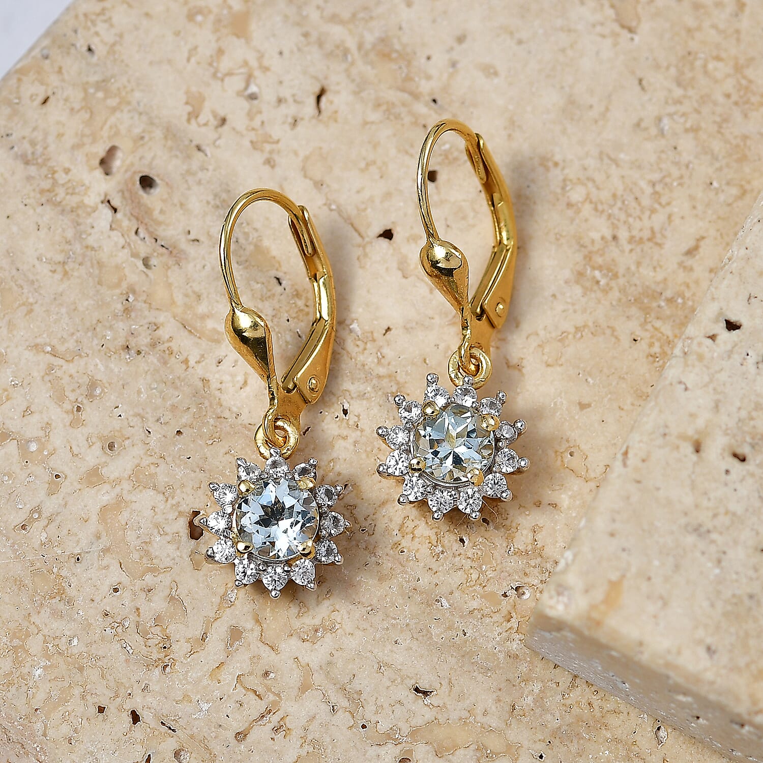 Royal Bali Collection - D'Joy Aquamarine & White Zircon Earring with Lever Back in 18K Vermeil Yellow Gold Plated Sterling Silver 1.50 Ct.