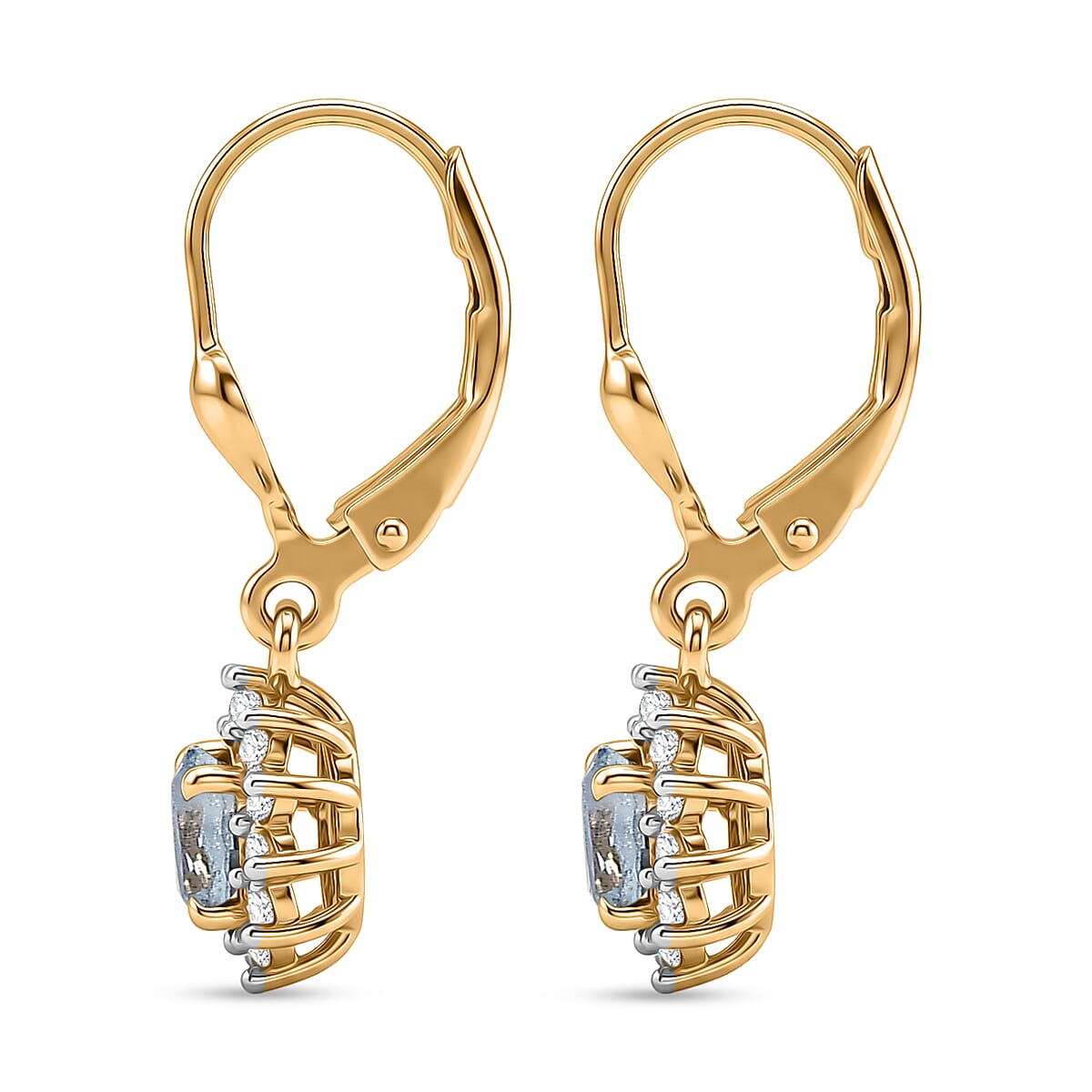 Royal Bali Collection - D'Joy Aquamarine & White Zircon Earring with Lever Back in 18K Vermeil Yellow Gold Plated Sterling Silver 1.50 Ct.
