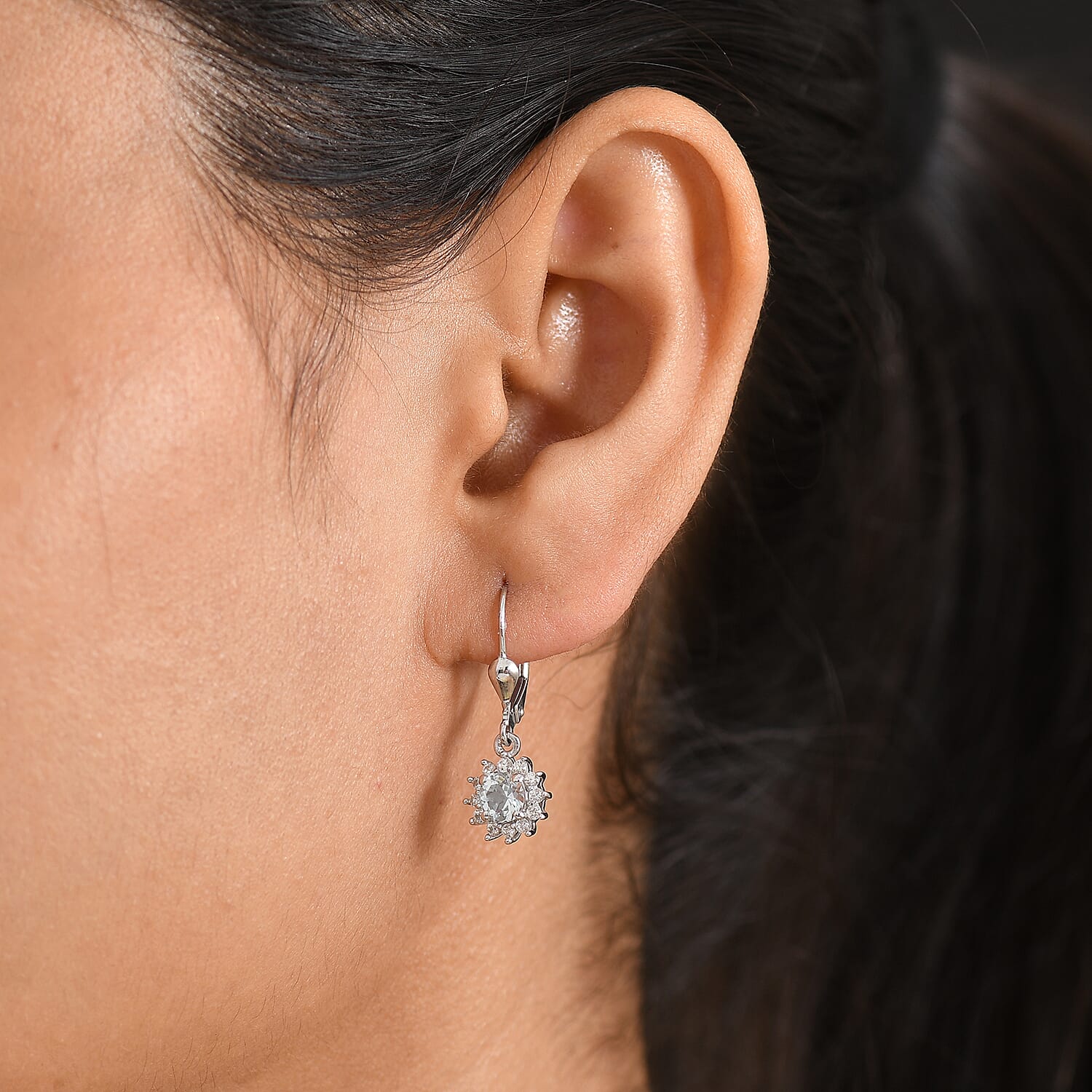Royal Bali Collection - D'Joy Aquamarine & White Zircon Earring with Lever Back in Rhodium Overlay Sterling Silver 1.50 Ct.