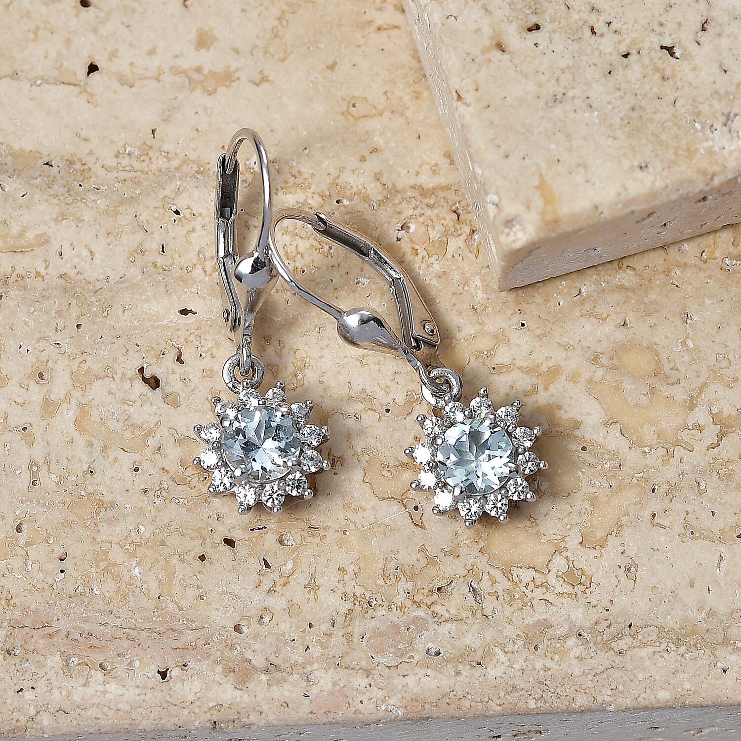 Royal Bali Collection - D'Joy Aquamarine & White Zircon Earring with Lever Back in Rhodium Overlay Sterling Silver 1.50 Ct.