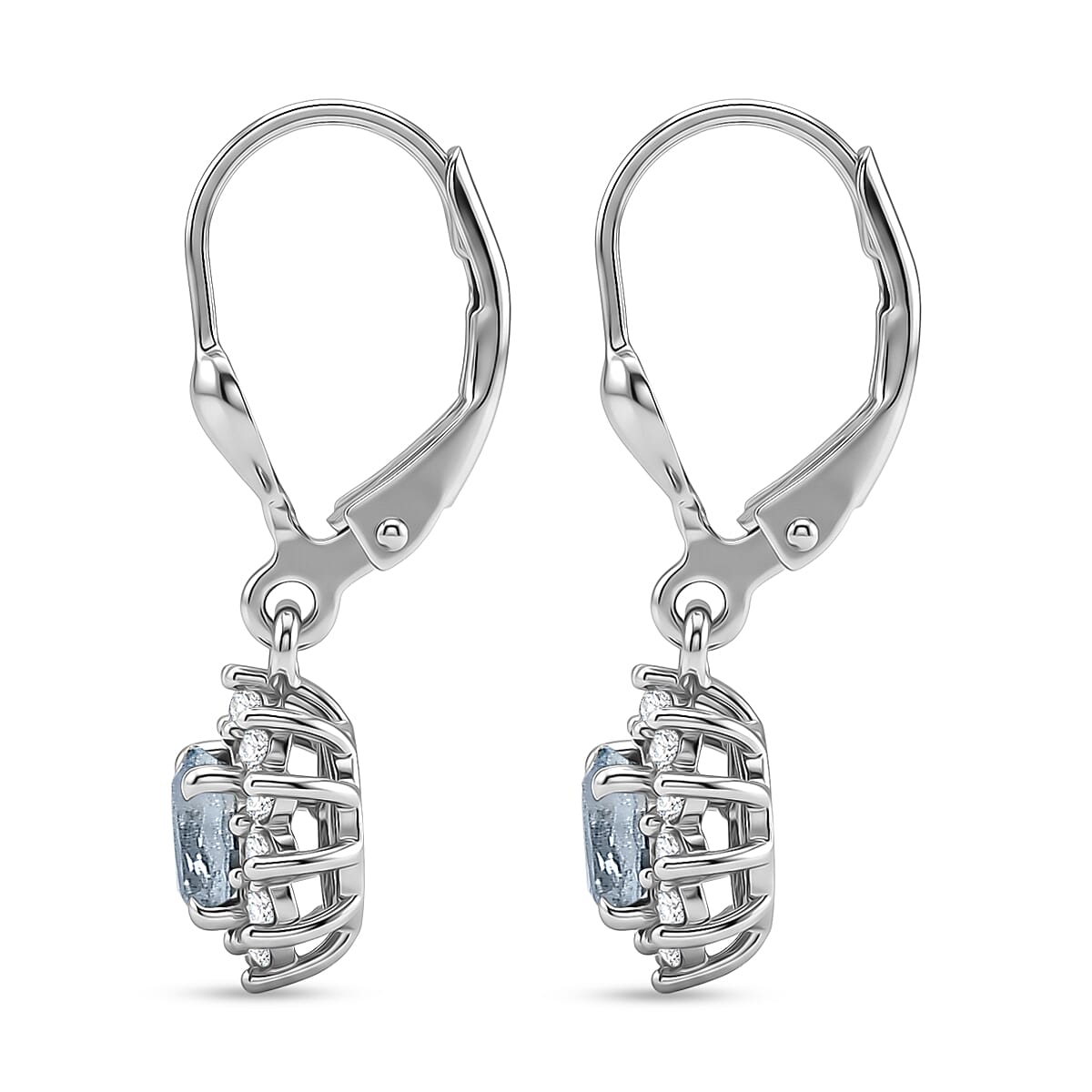 Royal Bali Collection - D'Joy Aquamarine & White Zircon Earring with Lever Back in Rhodium Overlay Sterling Silver 1.50 Ct.