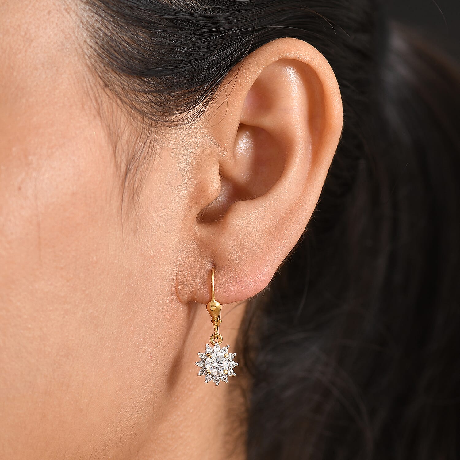 Royal Bali Collection - D'Joy Moissanite Earring with Lever Back in 18K Vermeil Yellow Gold Plated Sterling Silver 1.27 Ct.
