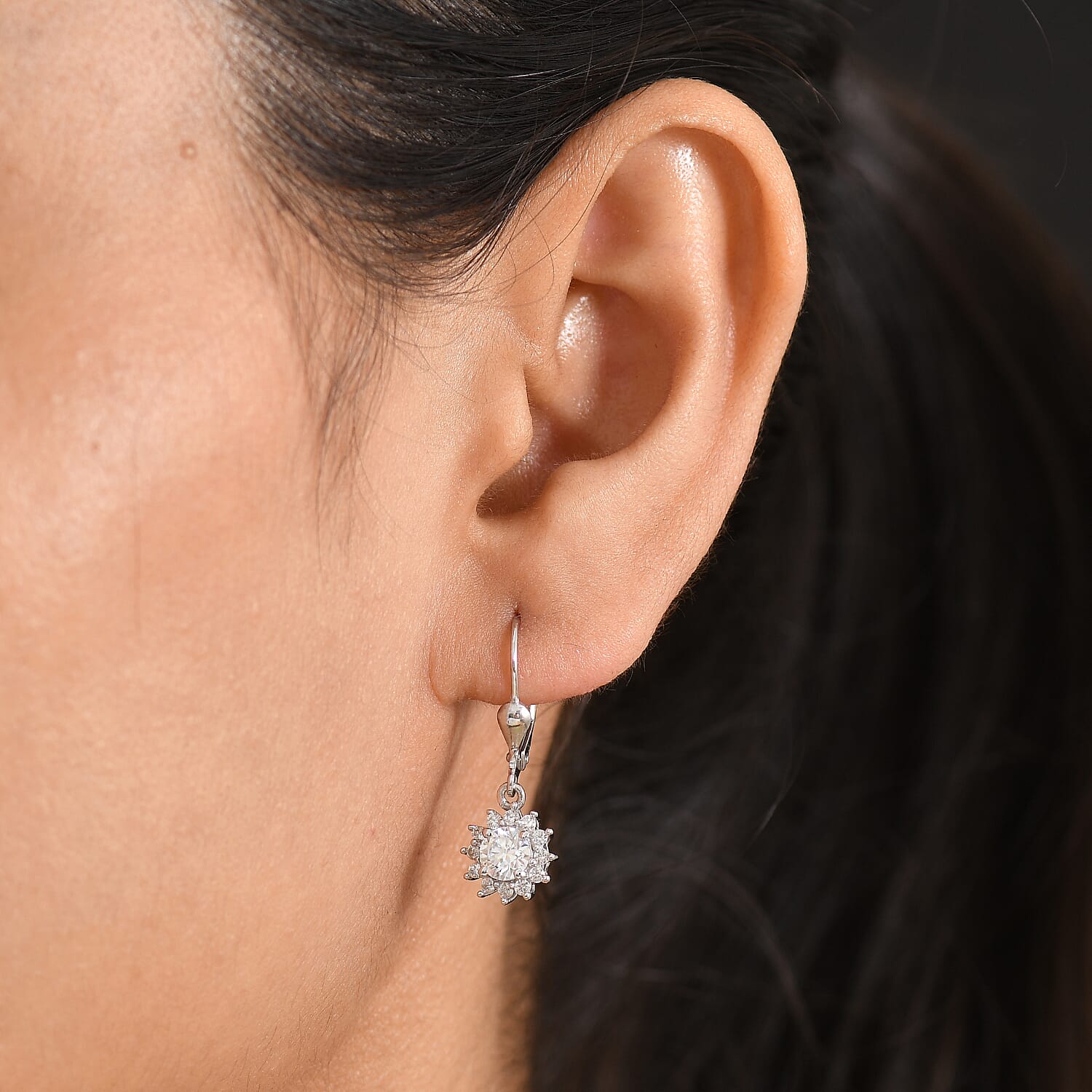 Royal Bali Collection - D'Joy Moissanite Earring with Lever Back in Rhodium Overlay Sterling Silver 1.27 Ct.
