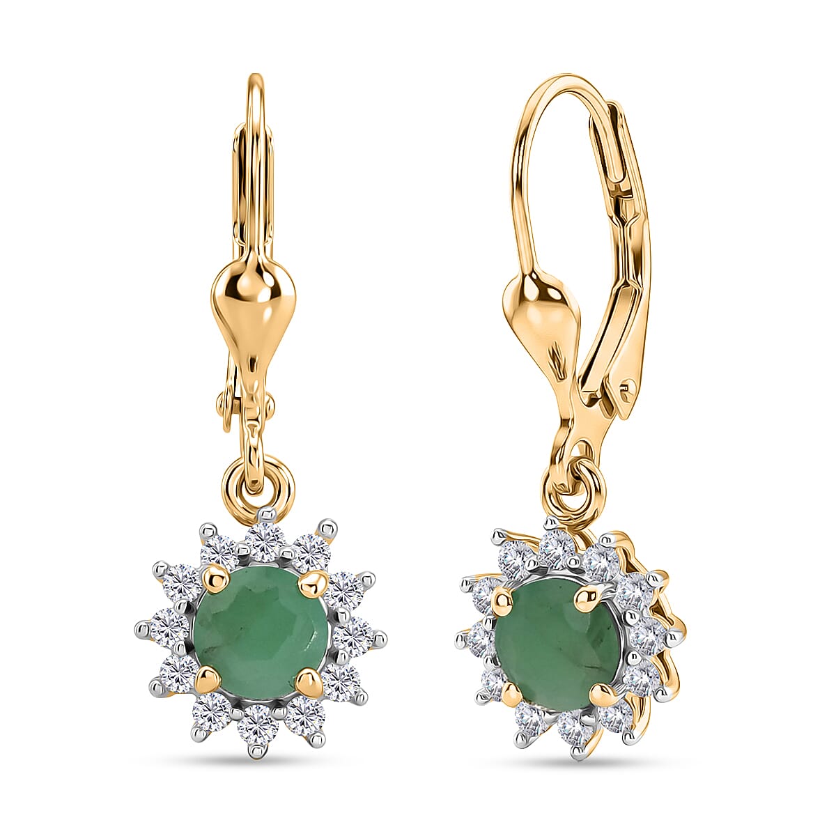 Royal Bali Collection - D'Joy Socoto Emerald & White Zircon Earring with Lever Back in 18K Vermeil Yellow Gold Plated Sterling Silver  1.42 Ct.