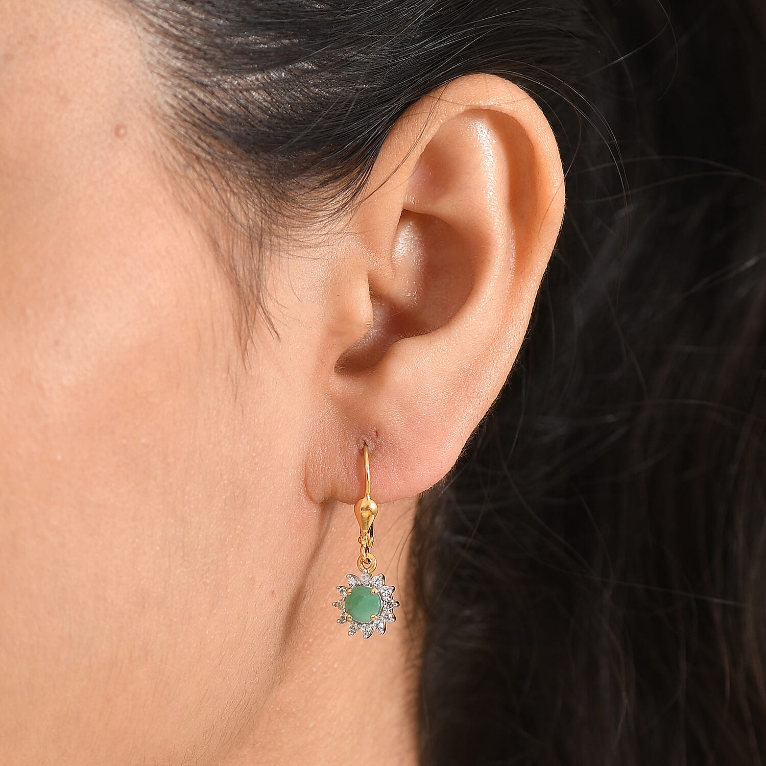 Royal Bali Collection - D'Joy Socoto Emerald & White Zircon Earring with Lever Back in 18K Vermeil Yellow Gold Plated Sterling Silver  1.42 Ct.