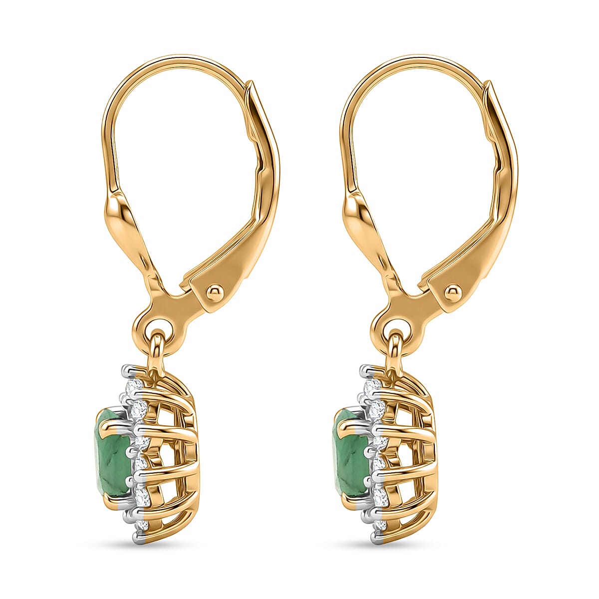 Royal Bali Collection - D'Joy Socoto Emerald & White Zircon Earring with Lever Back in 18K Vermeil Yellow Gold Plated Sterling Silver  1.42 Ct.