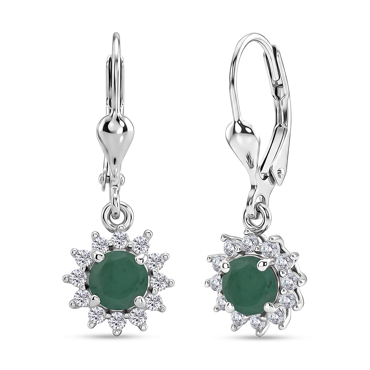 Royal Bali Collection - D'Joy Socoto Emerald & White Zircon Earring with Lever Back in Rhodium Overlay Sterling Silver 1.40 Ct.