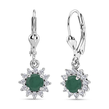 Royal Bali Collection - D'Joy Socoto Emerald & White Zircon Earring with Lever Back in Rhodium Overlay Sterling Silver 1.40 Ct.