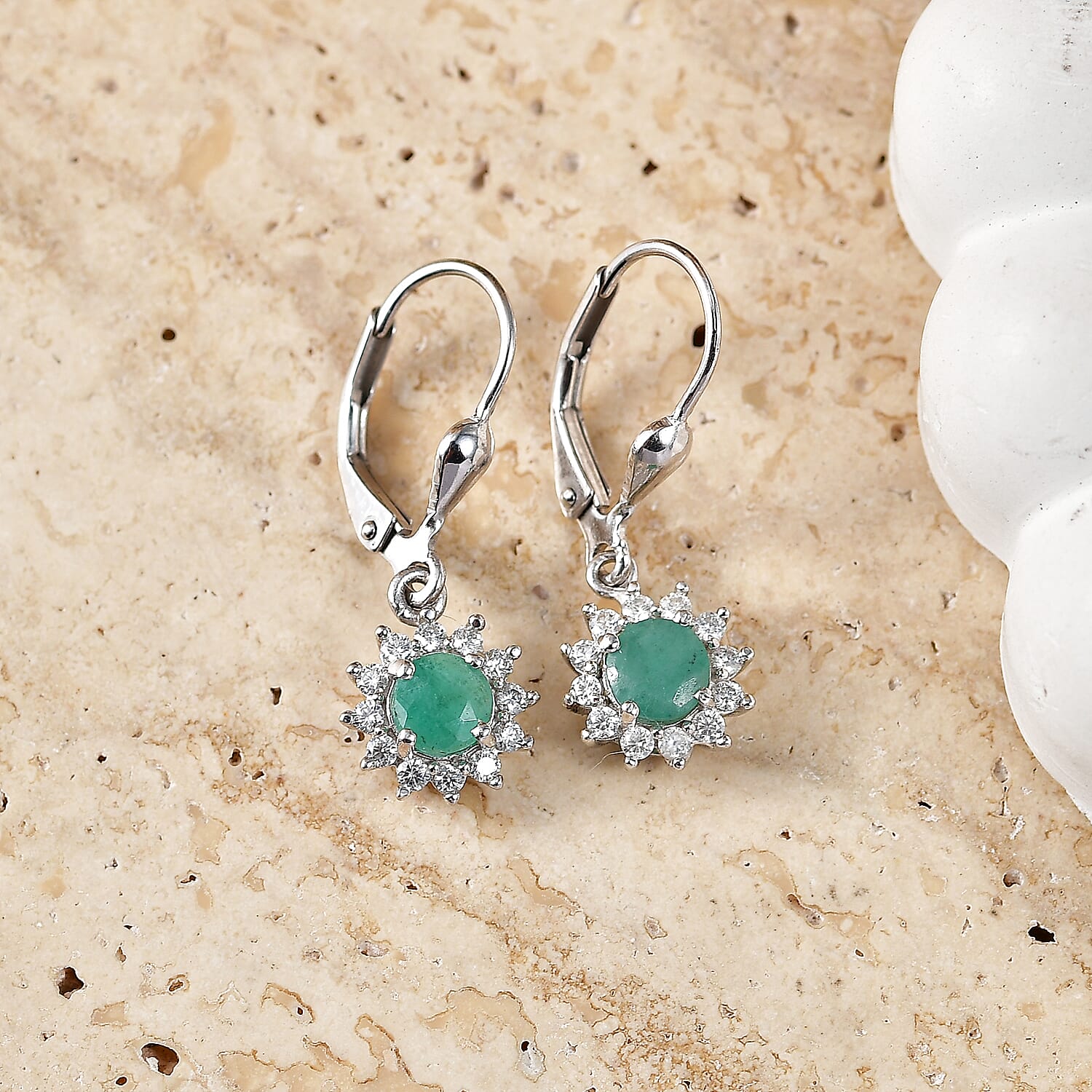 Royal Bali Collection - D'Joy Socoto Emerald & White Zircon Earring with Lever Back in Rhodium Overlay Sterling Silver 1.40 Ct.