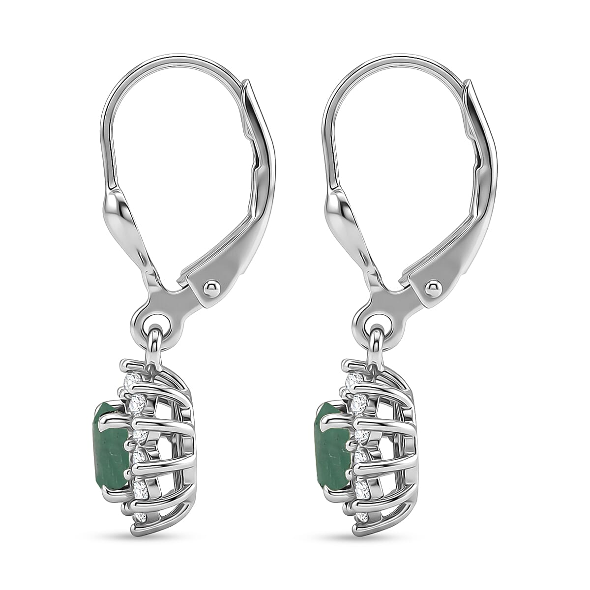Royal Bali Collection - D'Joy Socoto Emerald & White Zircon Earring with Lever Back in Rhodium Overlay Sterling Silver 1.40 Ct.