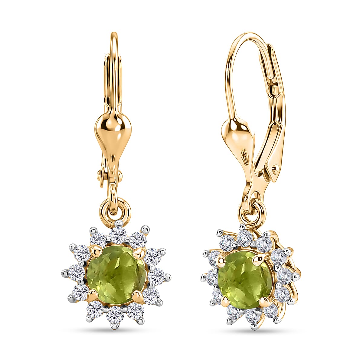 Royal Bali Collection - D'Joy Peridot & White Zircon Earring with Lever Back in 18K Vermeil Yellow Gold Plated Sterling Silver 1.50 Ct.