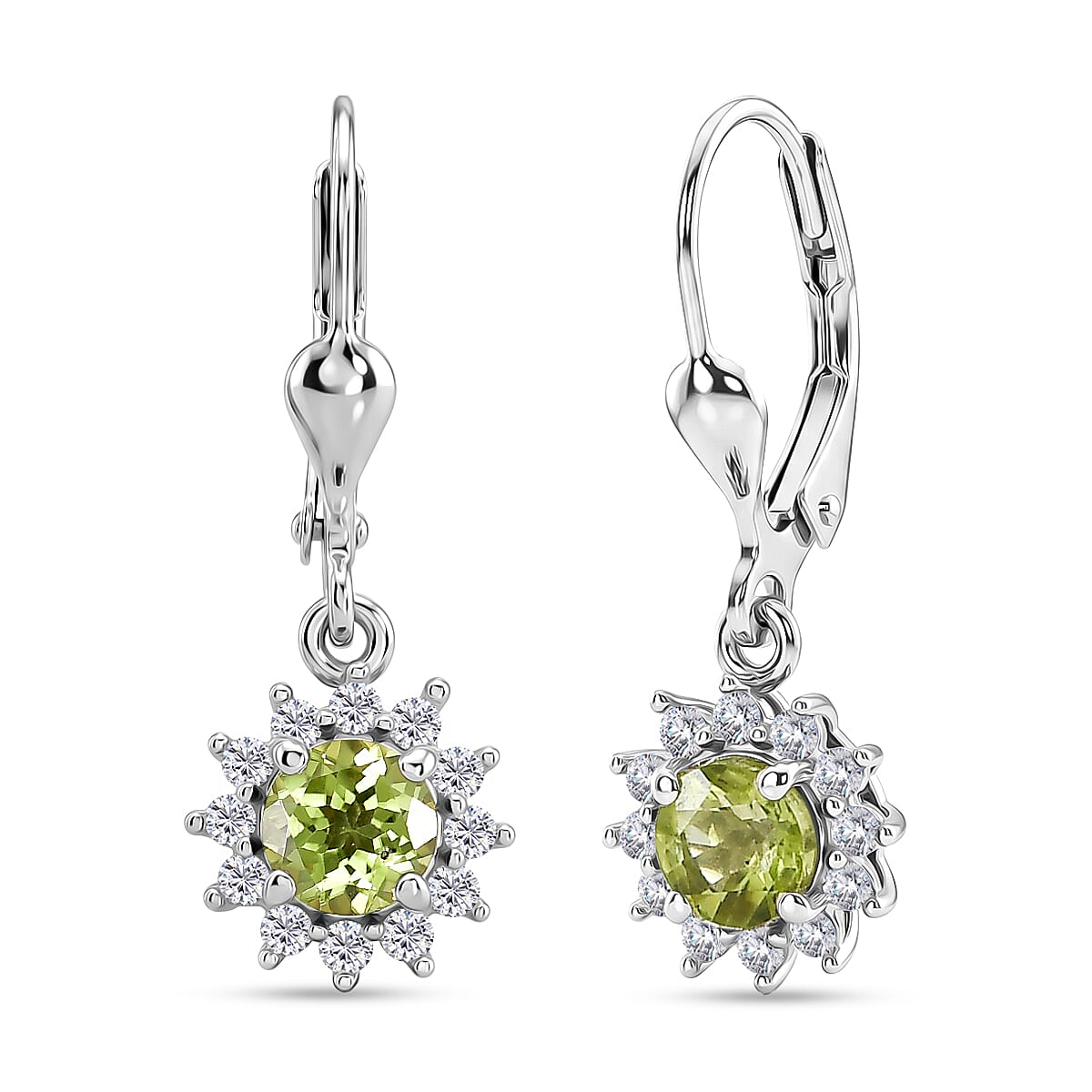 D'Joy Peridot, White Zircon Main Stone With Surrounding Stone Earring in Rhodium OverlaySterling Silver  1.614  Ct.