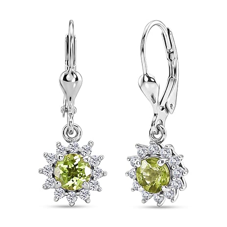 D'Joy Peridot, White Zircon Main Stone With Surrounding Stone Earring in Rhodium OverlaySterling Silver  1.614  Ct.
