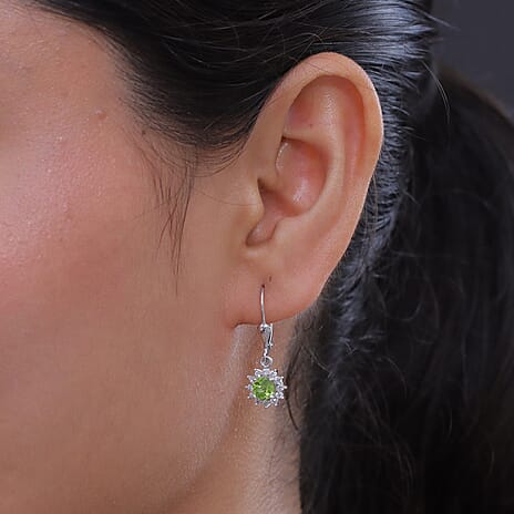 D'Joy Peridot, White Zircon Main Stone With Surrounding Stone Earring in Rhodium OverlaySterling Silver  1.614  Ct.