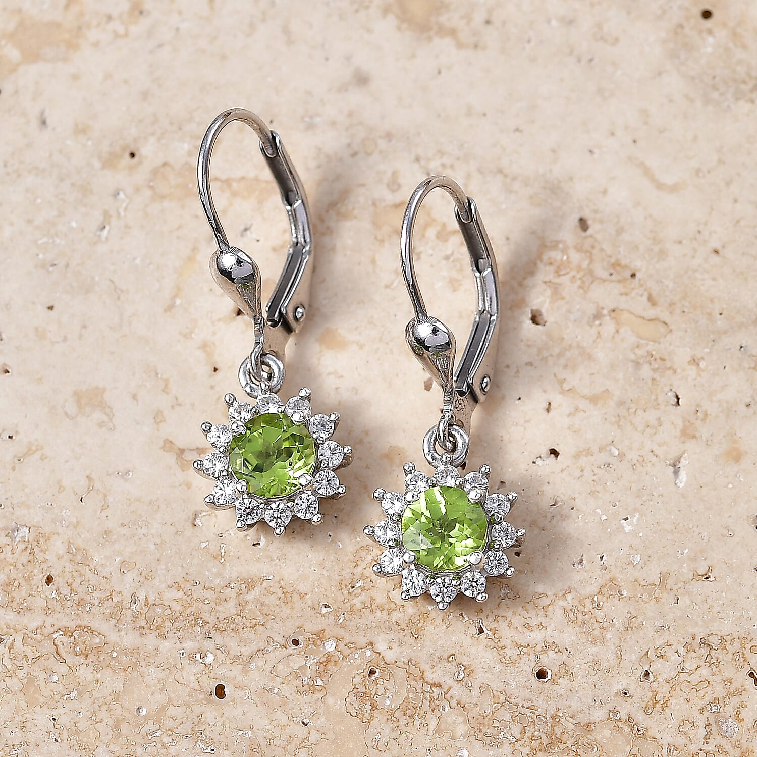 D'Joy Peridot, White Zircon Main Stone With Surrounding Stone Earring in Rhodium OverlaySterling Silver  1.614  Ct.