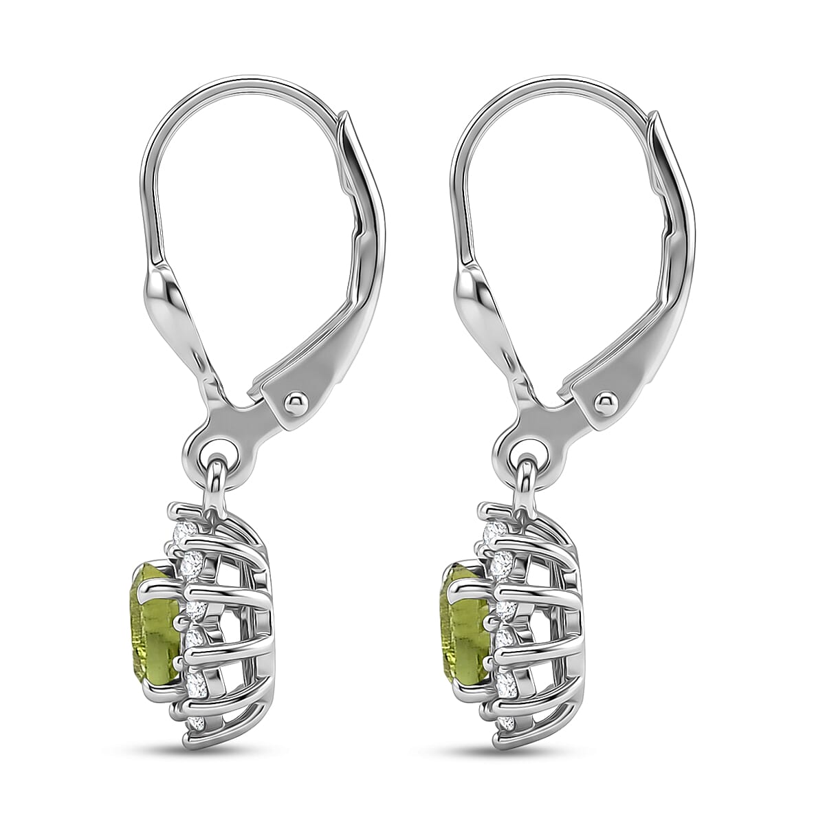 D'Joy Peridot, White Zircon Main Stone With Surrounding Stone Earring in Rhodium OverlaySterling Silver  1.614  Ct.