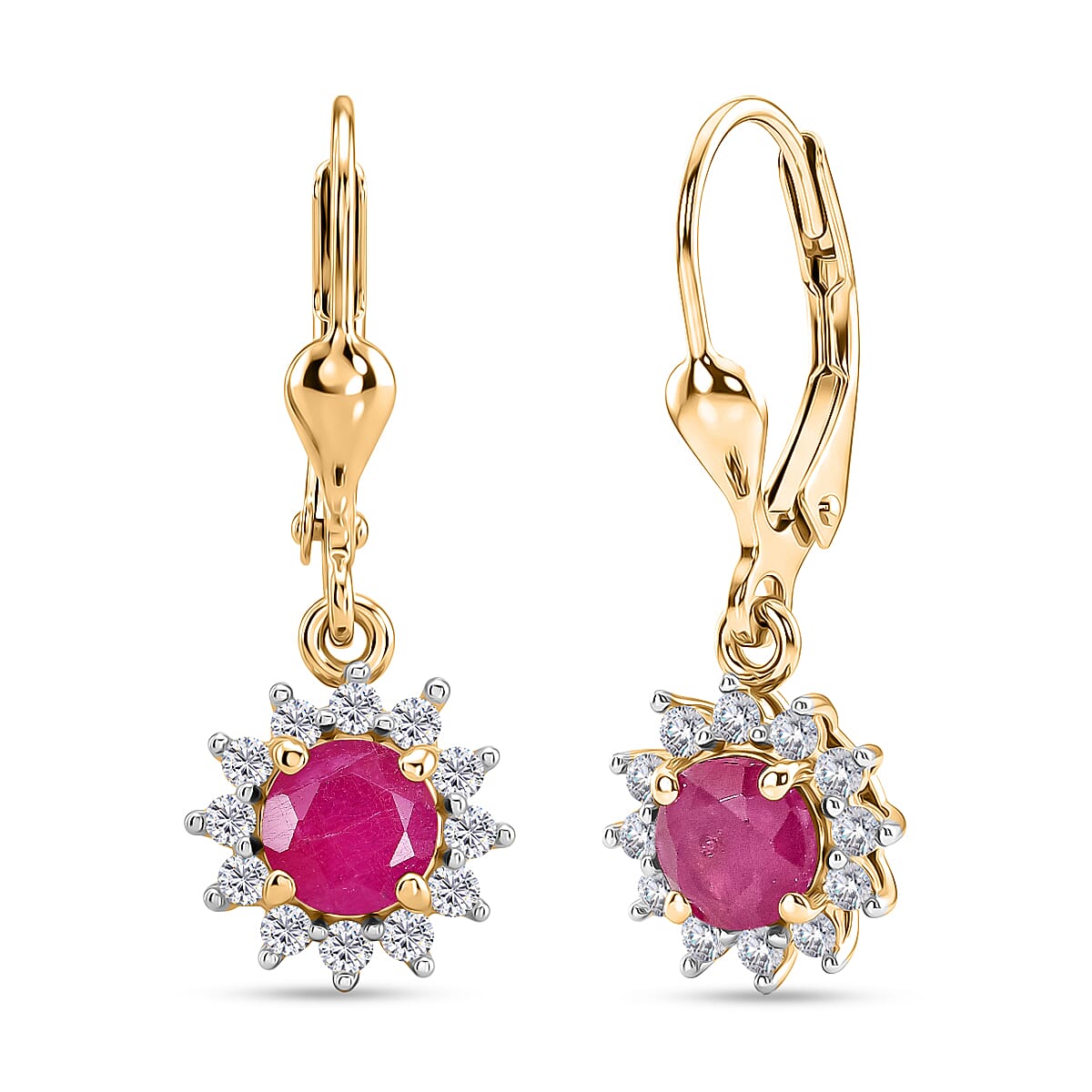 Royal Bali Collection - D'Joy African Ruby & White Zircon Earring with Lever Back in 18K Vermeil Yellow Gold Plated Sterling Silver 2.00 Ct.