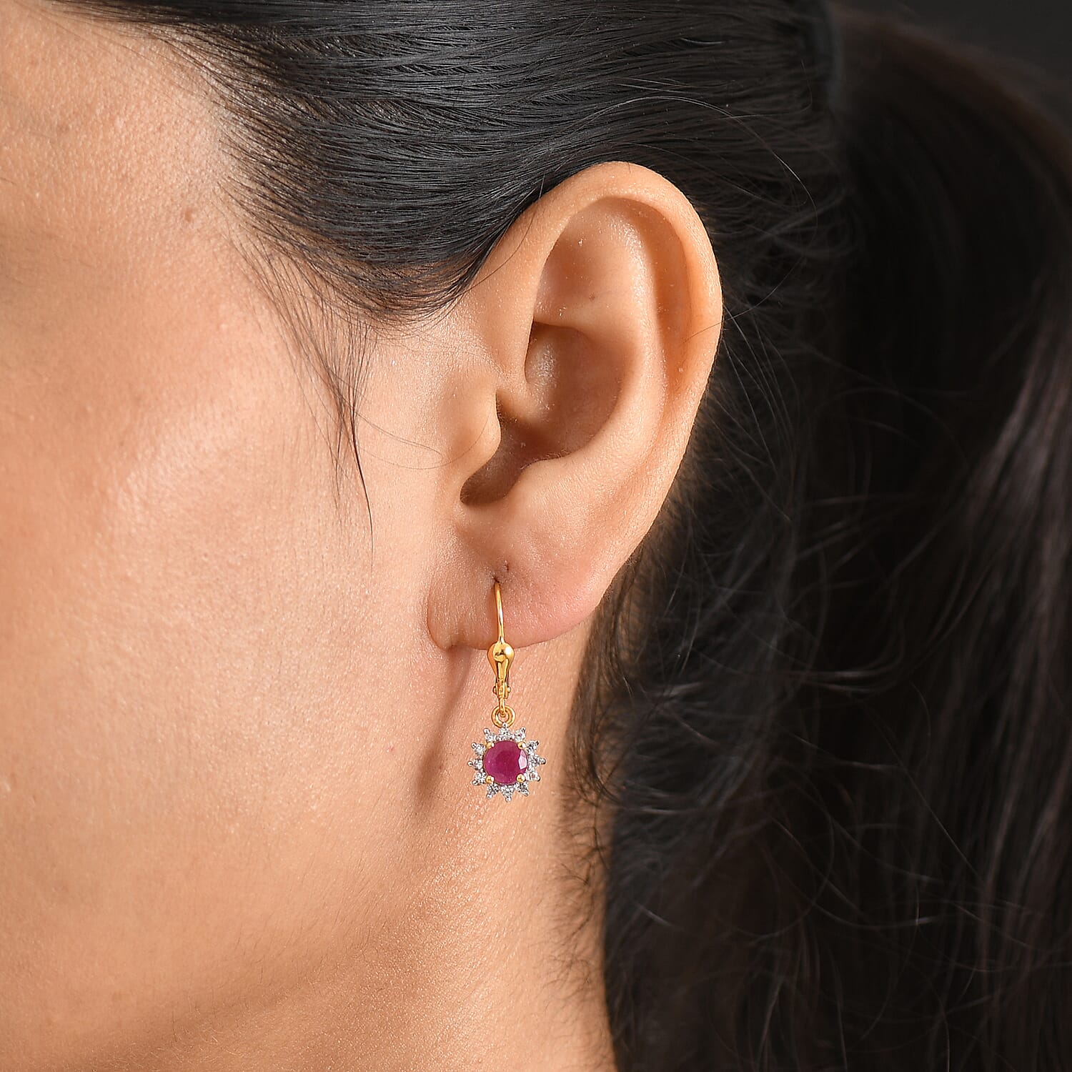 Royal Bali Collection - D'Joy African Ruby & White Zircon Earring with Lever Back in 18K Vermeil Yellow Gold Plated Sterling Silver 2.00 Ct.