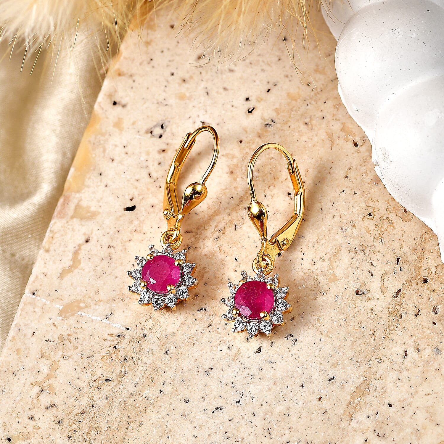 Royal Bali Collection - D'Joy African Ruby & White Zircon Earring with Lever Back in 18K Vermeil Yellow Gold Plated Sterling Silver 2.00 Ct.