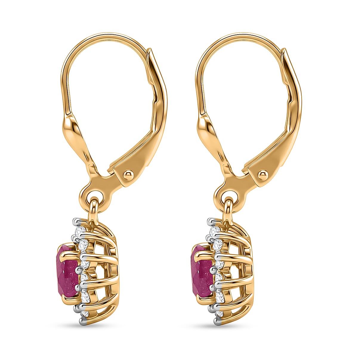 Royal Bali Collection - D'Joy African Ruby & White Zircon Earring with Lever Back in 18K Vermeil Yellow Gold Plated Sterling Silver 2.00 Ct.