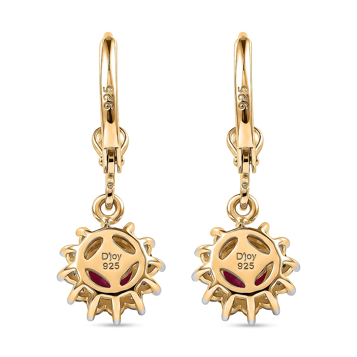 Royal Bali Collection - D'Joy African Ruby & White Zircon Earring with Lever Back in 18K Vermeil Yellow Gold Plated Sterling Silver 2.00 Ct.