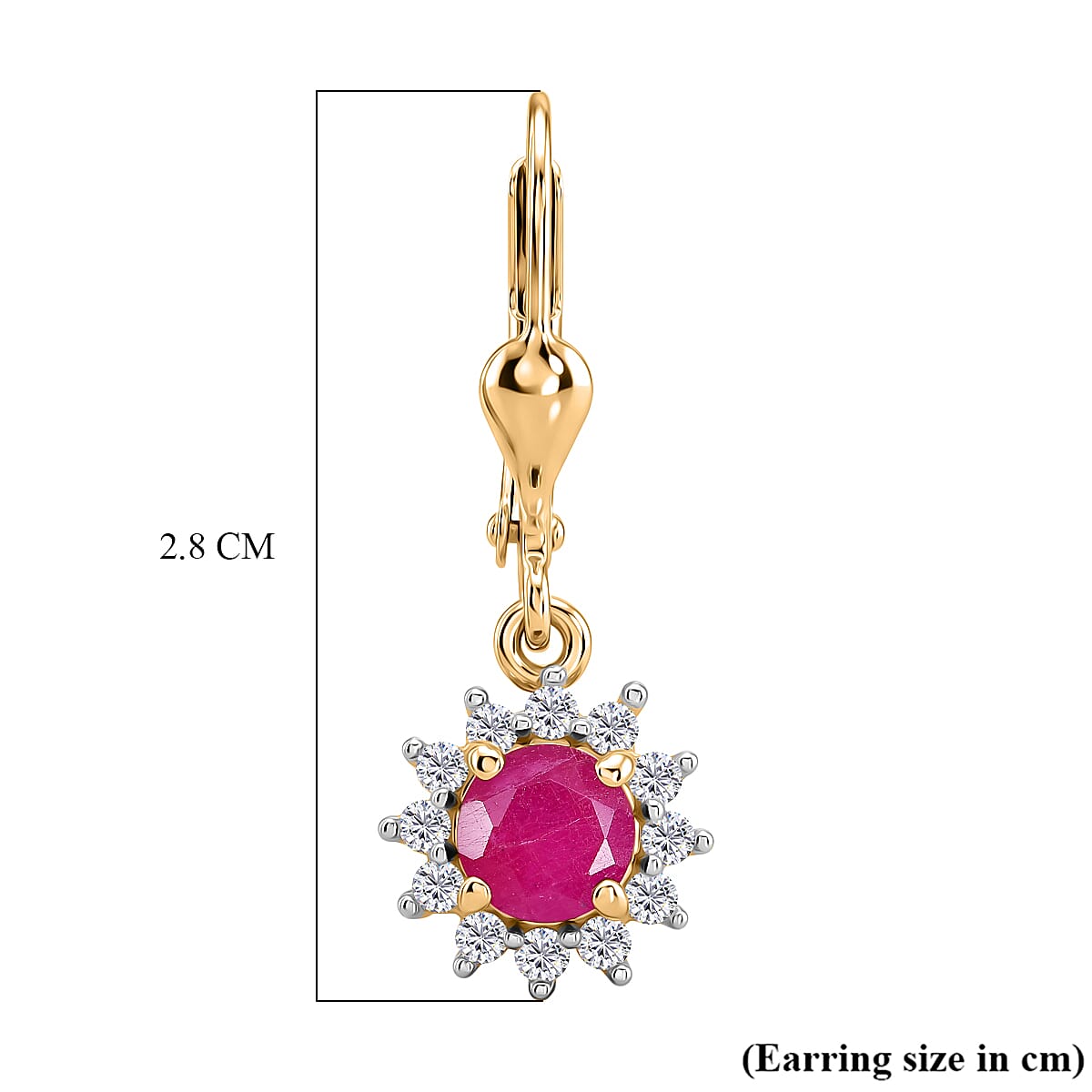 Royal Bali Collection - D'Joy African Ruby & White Zircon Earring with Lever Back in 18K Vermeil Yellow Gold Plated Sterling Silver 2.00 Ct.