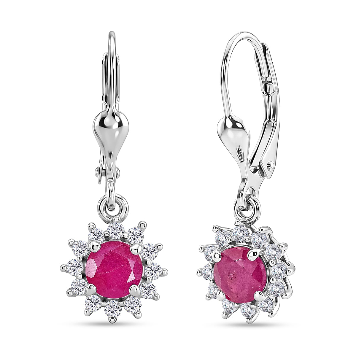 Royal Bali Collection - D'Joy African Ruby & White Zircon Earring with Lever Back in Rhodium Overlay Sterling Silver 2.00 Ct.