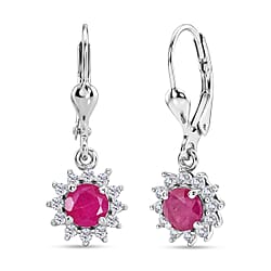 Royal Bali Collection - D'Joy Red Garnet & White Zircon Earring with Lever Back in Rhodium Overlay Sterling Silver 1.86 Ct.