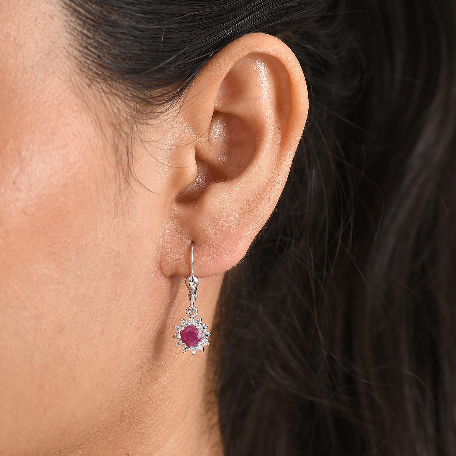 Royal Bali Collection - D'Joy African Ruby & White Zircon Earring with Lever Back in Rhodium Overlay Sterling Silver 2.00 Ct.