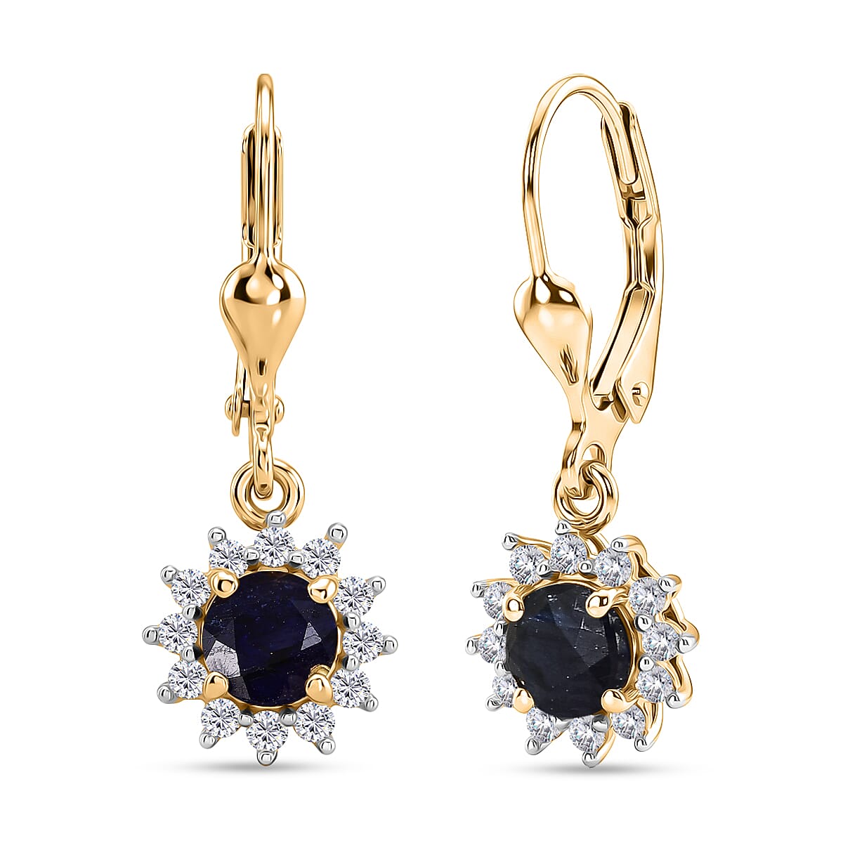 Royal Bali Collection - D'Joy Masoala Sapphire & White Zircon Earring with Lever Back in 18K Vermeil Yellow Gold Plated Sterling Silver  2.50 Ct.